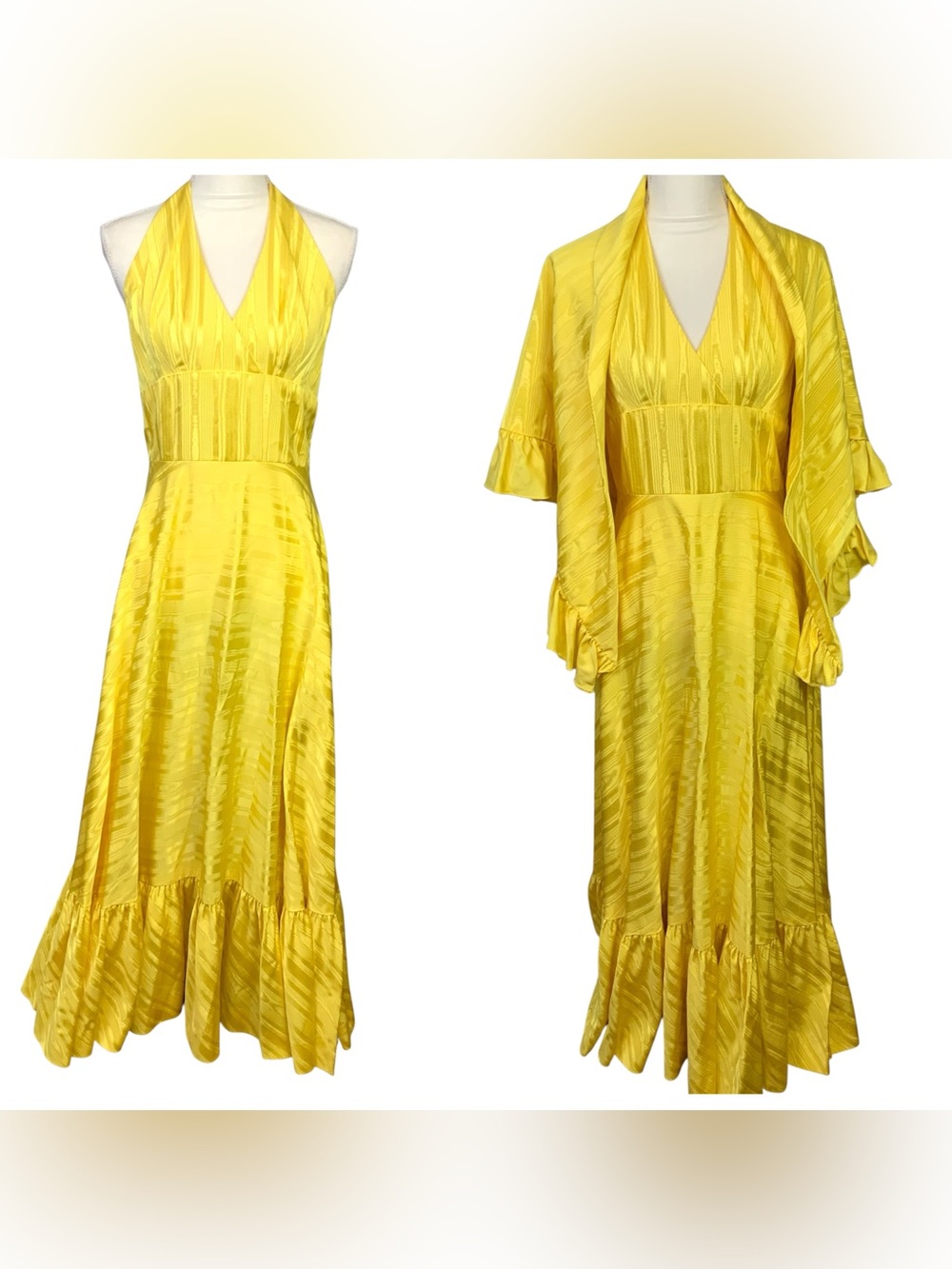 VTG Lillie Rubin Yellow Satin Halter Tiered Maxi Dress w/ Shawl Wrap Sz Medium 8